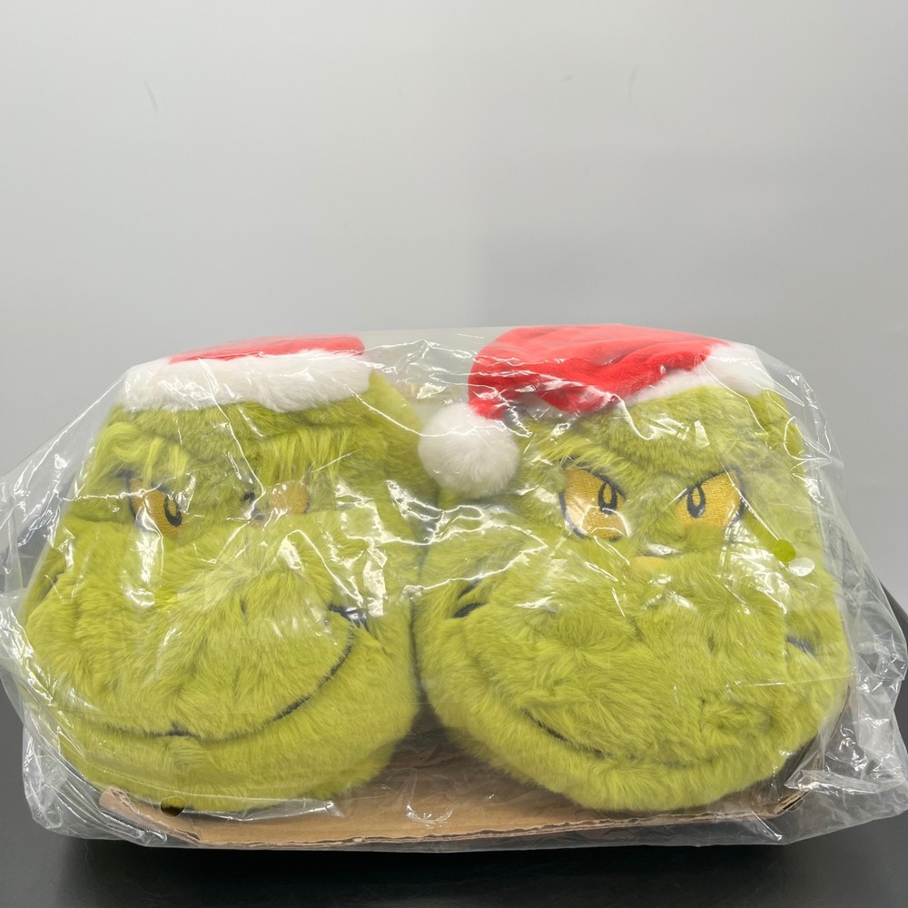 Dr. Seuss The Grinch Slippers Adult XL Green NWT Santa Hat Plush Holiday Shoes